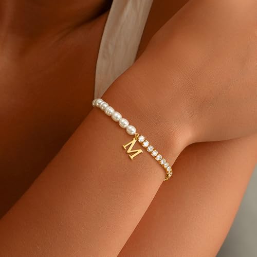 Ritach Gold Bracelets for Women Girls - 14K Gold Plated Freshwater Pearl Bracelet Dainty Gold Initial CZ Tennis Bracelets for Women Girls Pearl Jewelry Birthday Wedding Bridesmaid Gifts - style: B