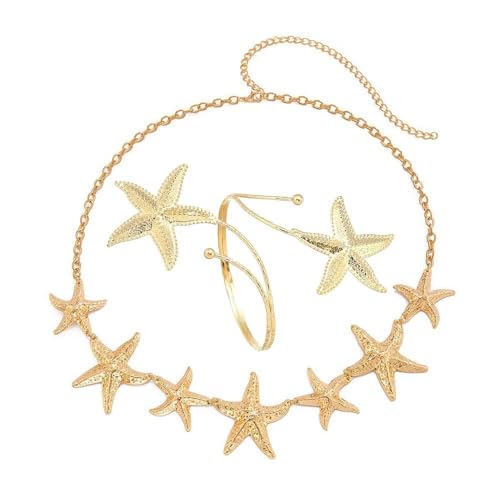 Blue Drop Starfish Waist Chain Belt and Arm Cuff Set for Women Starfish Shell Bracelet Gold Plated Cuff Bangle Arm Boho Holiday Beach Accessories Jewelry - color: Arm Cuff with Waist Chain