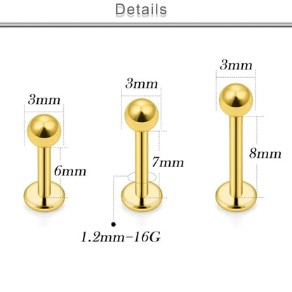 18G 16G 14G Lip Labret Medusa Nose Rings Studs Flat Back Earrings Internally Threaded 316L Surgical Steel Snake Bites Lip Rings Cartilage Tragus Helix Conch Earring Stud 6mm 7mm 8mm - color: Gold-16G（1.2mm)-6mm 8mm 10mm Bars-3mm CZ
