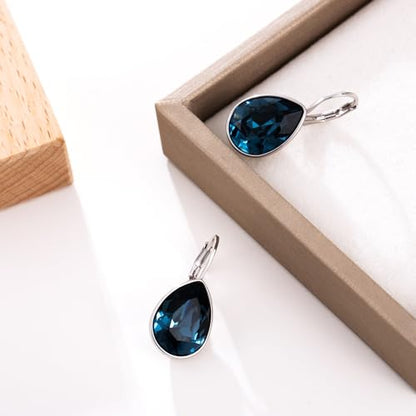 Xuping Jewelry Huggies Crystal Teardrop Earrings for Women Clear Crystals Leverback Silver Earring Fashion Party Jewelry Gifts - color: Navy Blue