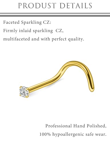 Hoeudjo Nose Studs Surgical Steel Cubic Zirconia Nose Rings Kit for Women Men Tiny Nose Stud Screw & Bone & L Shaped Nostril Piercing Jewelry 24-18 Gauge 20 Pieces Set - color: gold-tone,screw nose studs, size: 18g/1.5mm clear CZ