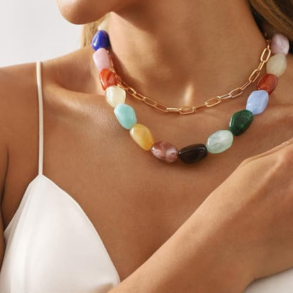 Summer Dopamine Colorful Beaded Necklace for Women, Boho Multicolor Irregular Large Resin Beads Necklace Chunky Layered Gold Chain Statement Choker Y2K Jewelry