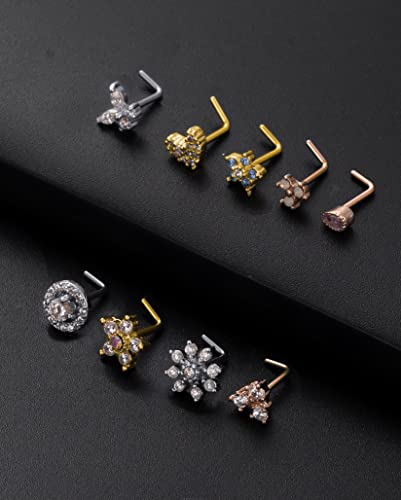 9Pcs Nose Rings Stud L Bone Screw Shaped Nose Ring Flower CZ Snowflake Butterfly Screw Nose Stud Body Piercing Jewelry for Women Men 20G Silver Gold Rose Gold Tone - color: H:Mixed Colors