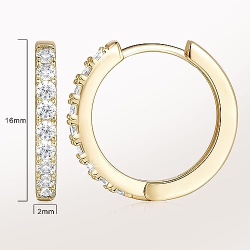 NEARLAND 14K Gold Hoop Earrings for Women 14K Gold Earrings for Women | Small Gold Hoop Earrings for Women Round Cubic Zirconia Lightweight Gold Huggie Hoop Earrings for Women 12/14/16/20/25/30mm - size: 16mm