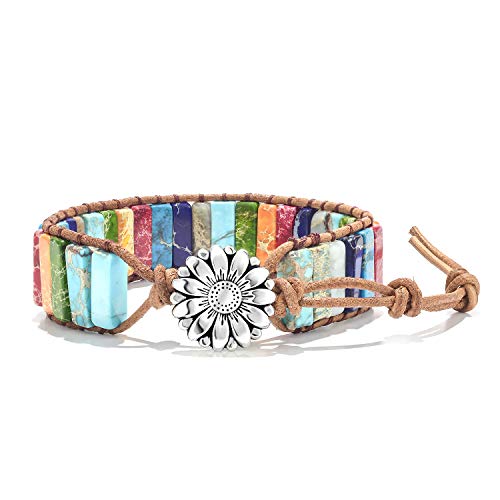 sedmart 7 Chakra Bracelets for Women with Real Stones Leather Wrap Healing Bead Bracelet Women Men Boho Friendship Jewelry - color: A1 Colorful Sunflower Button