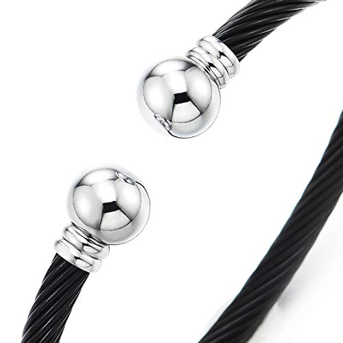 COOLSTEELANDBEYOND Elastic Adjustable Stainless Steel Cuff Bangle Bracelet for Mens Womens - color: D-Metal Color: Silver & Black