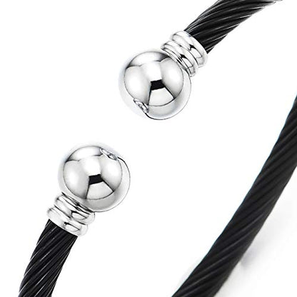 COOLSTEELANDBEYOND Elastic Adjustable Stainless Steel Cuff Bangle Bracelet for Mens Womens - color: D-Metal Color: Silver & Black