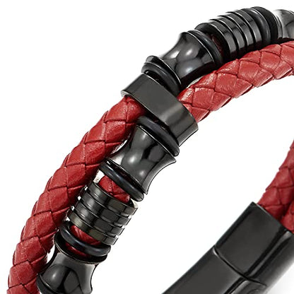COOLSTEELANDBEYOND Mens Double-Row Braided Leather Bracelet Bangle Wristband with Black Stainless Steel Ornaments - color: K-Red