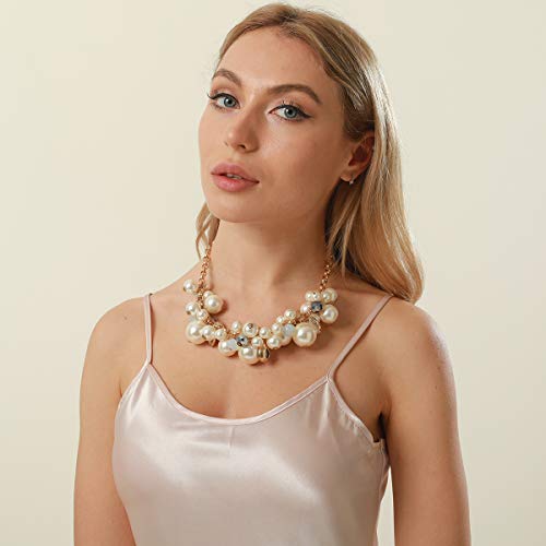utop JNF Hand made Pearl Statement Necklace for Women Rhinestone Multilayer Crystal Necklaces Chunky Pearl Necklace Large Pearl Necklace and Earrings Set for Mother Mom's gift - color: white pearl chain necklace