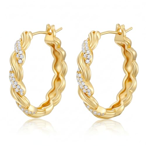 Gold Hoop Earrings 14K Gold Earring for Women Twisted Design with Sculpted Texture Hoops Earring for Womens Minimalist Huggie Earring Jewelry Gifts 25mm
