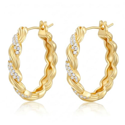 Gold Hoop Earrings 14K Gold Earring for Women Twisted Design with Sculpted Texture Hoops Earring for Womens Minimalist Huggie Earring Jewelry Gifts 25mm