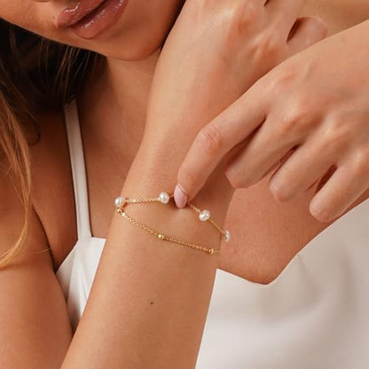 Pearl Bracelets for Women, 14k Gold Plated Dainty Beaded Bracelets Stack Link Chain Charm Bracelets Set Layered Tiny Jewelry for Women Christmas Gifts - style: GD-1