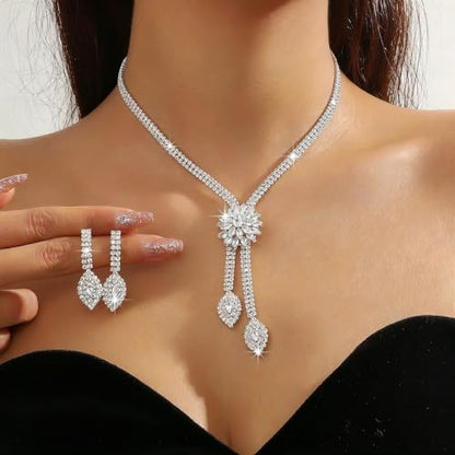 4 Pieces Cubic Zirconia Wedding Jewelry Sets for Bride Rhinestone Bridal Jewelry Set Necklace Bracelet Earring Ring for Brides Bridesmaid for Wedding Party - color: 3 PCS-Silver