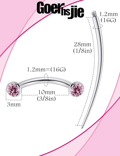 F136 Titanium 16g 6/8/10mm Eyebrow/Rook/Snug/Vertical-Labret/VCH/Snake-Eyes/Anti-Tragus/Christina/Daith/Belly-Button/Bridge/Hood/Surface Curved Barbell Piercing Jewelry for Women Men - color: Pink, size: 10 mm (3/8 in)