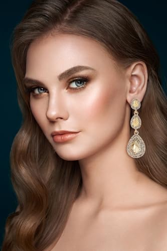 Elegant Rhinestone Statement Earrings Sparkly Cluster Crystal Drop Dangle Earrings Teardrop Chandelier Earrings Wedding Bridal Prom Earrings for Women - color: A:Champagne