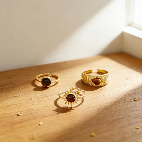 3Pcs Vintage Gold Tiger Eye Stone Knuckle Rings for Women,Stacked Bohemian Sun Statement Index Finger Rings,Personalized Trendy Jewelry Accessories Gifts