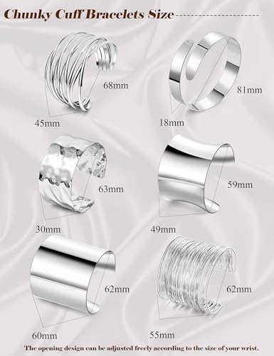 REVOLIA 6Pcs Chunky Cuff Bracelets Set for Women Minimalist Irregular Statement Wrist Cuff Adjustable Hammered Bangles Bracelets Open Wide Wire Arm Cuff Bracelet - color: Silver-B