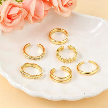 GAUEIOUR Adjustable Toe Rings Gold for Women, Set of 6 Gold-Plated Toe Ring | Minimalist Summer Beach Party Casual Vacation Surf Zircon Inlay Fashion Open Stacking Foot Jewelry for Women