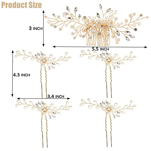 ULTIMUTE Hair Comb and 4 Pins Bridal Hair Accessories, Pearl Crystal Rhinestone Wedding Hair Comb and Hair Pins for Brides Bridesmaids Women Girls (Gold, 5 Pieces) - color: Gold