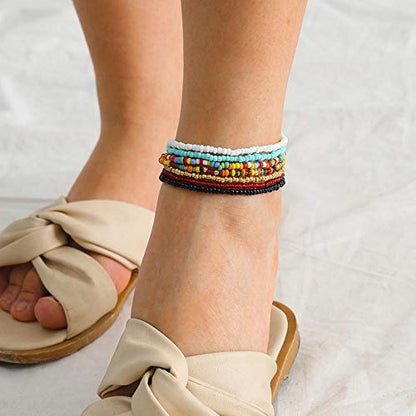 XIJIN 8Pcs Handmade Beaded Anklets for Women Boho Colorful Beads Ankle Bracelets Adjustable Foot Anklet Set - color: I