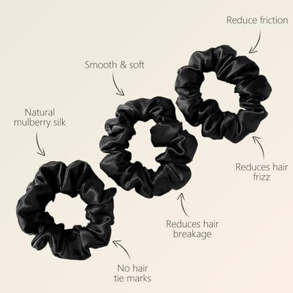 ZIMASILK 100% Pure Mulberry Silk Hair Scrunchies for Women | No Damage - Gentle Elastic Hair Ties for Ponytail Holder - Hair Accessories (3 Pack, Black) - color: Black (3pcs)
