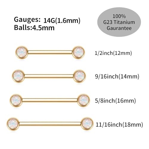 14G Nipple Rings Titanium Nipple Jewelry for Women Bridge Piercings | 1 Pair Nipple Bars,Hypoallergenic Nipple Barbells,Internally Threaded Nipple Piercings,Tongue Rings,Straight Barbells - color: Styele4:White Opal,Gold, size: 14G+1/2"(12mm)