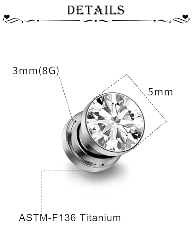 Astm F136 Titanium CZ Ear Gauges Screw Fit Flesh Tunnels Plugs Gauges Earring Expander Stretcher Ear Tunnels For Ears 10G 8G 6G 4G 2G 0G 00G Plug Earrings Body Piercing Jewelry For Women Men - color: 8G Gauges