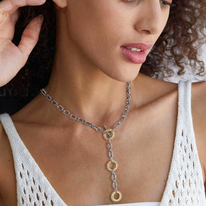 Two Tone Wire Necklace Gold and Silver Link Chain Adjustable 18K Gold Plated Twist Vintage Classic Jewelry - style: Golden Circle - Silver 3