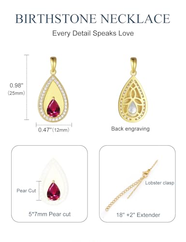 Birthstone Pendant Necklaces for Women 925 Sterling Silver Teardrop Pendant Necklace Birthday Jewelry Gift, 18"+2" Inches - color: 07 - Ruby