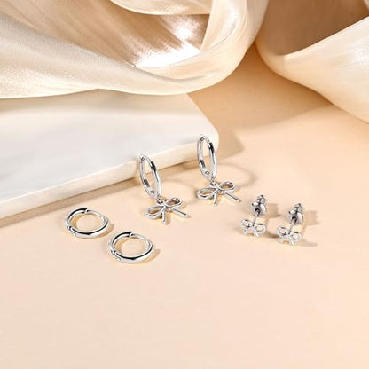 14K Gold Hoop Dangle Stud Earrings Surgical Steel Helix Piercing | Hypoallergenic,Cubic Zirconia,3 Pairs Huggie Hoop Set for Women,Dangle Stud,Cartilage Tragus Conch Earring,Jewelry Gift - color: L1-Silver Bow Earrings