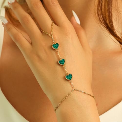 Hand Chain Bracelets for Women 14K Gold Plated Dainty Link Bracelet Bracelets Trendy Ring Bracelet Birthday Jewelry Gifts for Women - style: Green Heart