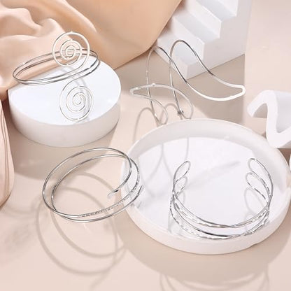 FIRAZIO 4PCS Arm Cuff Jewelry for Women | Upper Arm Cuff Bangle Band Armlet Adjustable Arm Cuff Bracelet Set - style: 4A-Silver