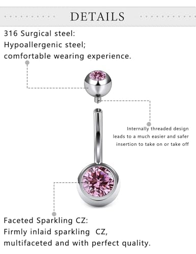 Belly Button Rings Surgical Steel Internally Threaded Belly Button Ring 10MM/12MM/14MM/16MM Navel Rings for Women Clear CZ 14G Long Bar Navel Piercing Jewelry - color: pink, size: 14mm bar length