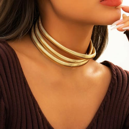 Badu Chunky Gold Stainless Steel Choker Necklace For Women Stretch Snake Shain Non Tarnish Gold Triple Necklace - color: Gold