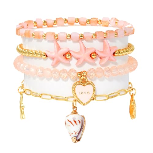 LALAPPLE Shell Bracelet Boho Beaded Stretch Bracelets for Women Seashell Strand Bracelets Starfish Charm Jewelry Summer Beach Jewelry Stackable Crystal Gold Plated Beads Bracelet for Women - style: T-Style4