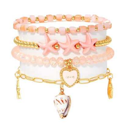 LALAPPLE Shell Bracelet Boho Beaded Stretch Bracelets for Women Seashell Strand Bracelets Starfish Charm Jewelry Summer Beach Jewelry Stackable Crystal Gold Plated Beads Bracelet for Women - style: T-Style4