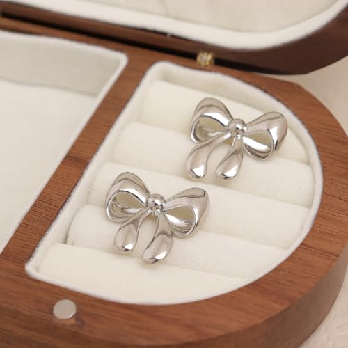 Jean Beau Chunky Gold Stud Earrings for Women Trendy Gold Plated Dangle Drop Prom Birthday Fashion Office Jewelry Gift - color: Silver Bow