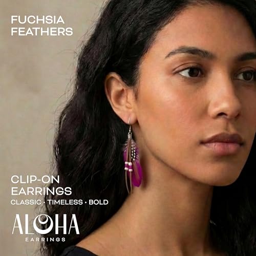 Aloha Earrings-Clip On Real Feather Earrings-Dangle Clip On Earrings Tassel Long Clip Earrings Bohemian - color: Fuchsia Feathers