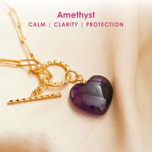 Gempires Gemstone Heart Pendant Necklace for Women, Gold Toggle Birthstone | Handmade gemstone heart pendant necklace — choose from 11 stones and birthstones, gold toggle paperclip chain. - color: Amethyst