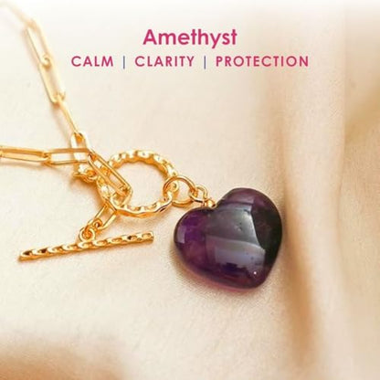 Gempires Gemstone Heart Pendant Necklace for Women, Gold Toggle Birthstone | Handmade gemstone heart pendant necklace — choose from 11 stones and birthstones, gold toggle paperclip chain. - color: Amethyst