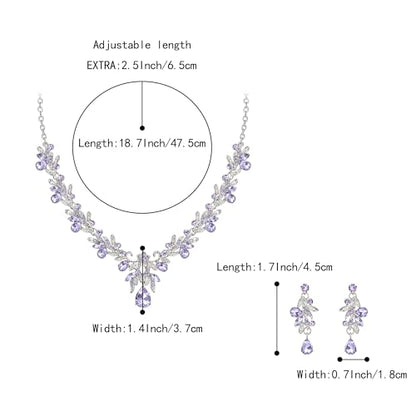 Women's Wedding Jewelry Set Leaf Flower for Bridal Prom Party | Stunning Crystal Teardrop Marquise Cluster Pendant Necklace Dangle Earrings Set for Bride Bridesmaid - color: Light Purple Silver-Tone