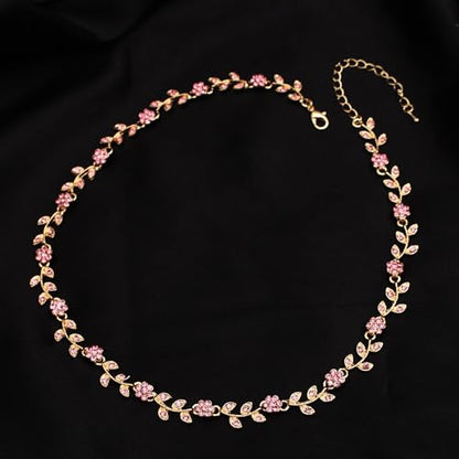 Austrian Crystal Rhinestone Choker Necklace Elegant Flower Leaf Chain Necklace Jewelry for Party Prom Costume Accessories for Women - color: Pink-Gold Plated