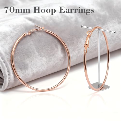 1 Pairs 60/70mm Silver 14K Gold Rose Gold Hoop Earrings for Women Hypoallergenic Stainless Steel Lightweight Big Hoops Shiny Dangle Earrings Trendy Jewelry Gifts - color: 70mm-Rose Gold Hoop Earrings