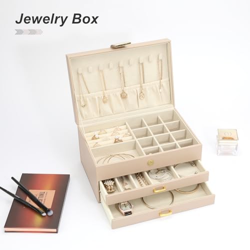 Jewelry Box, 3-Tier with 2 Drawers, Beige, Modern, Women's Jewelry Organizer - color: 3-Layer Apricot, size: 3-Layer