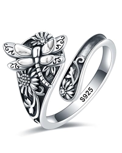 S925-Sterling-Silver Abalone Dragonfly-Turquoise Spoon Ring - Vintage Boho Sunflower Thumb Oxidized Wrap Rings Victorian Style Antique Floral Jewelry Gifts for Women - color: White Turquoise Ring
