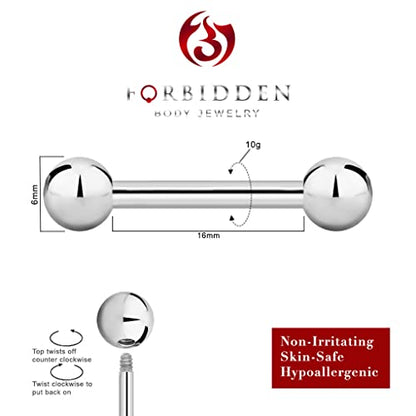 Forbidden Body Jewelry nipple barbell, nipple bars, silver nipplerings piercing Surgical Steel 8g - 18g Straight Barbell Body Jewelry (Sold Individually) - style: 10G 16mm (5/8") 6mm Balls