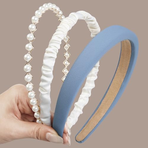 TEBIEKOY 3PCS Headbands for Women Non Slip Trendy Headbands for Women's Hair Cute Pearl Headband Bule Padded Hairband Elastic Womens Head Bands Hair Accessories - color: blue