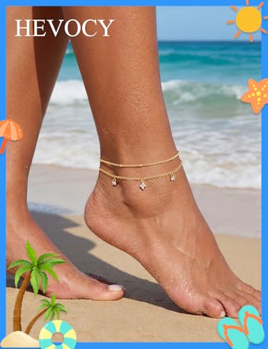 Gold Anklet Set for Women, Layered Beach Anklets | Layered gold-tone ankle bracelets, designed for beach days, vacations, and summer wear - style: Gold Anklet 3