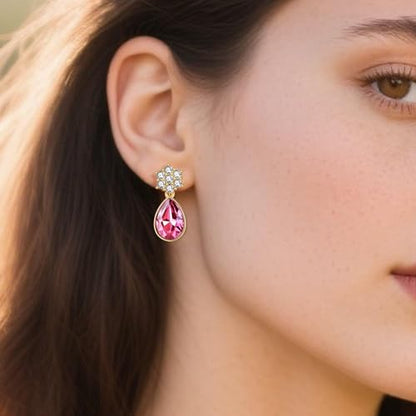 Elegant Austrian Crystal Teardrop Dangle Earrings for Women,14K Gold Plated Flower Drop Earrings Jewelry Gift for Birthday Wedding Anniversary - color: Rose Pink