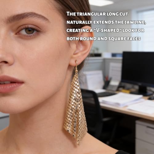 Mesh Sequin Tassel Long Drop Earrings for Women, Lightweight Metal Grid Fringe Dangle Earrings, Colorful Sparkly Alloy Wedding Bridal Party Jewelry (1 pair) - color: Gold